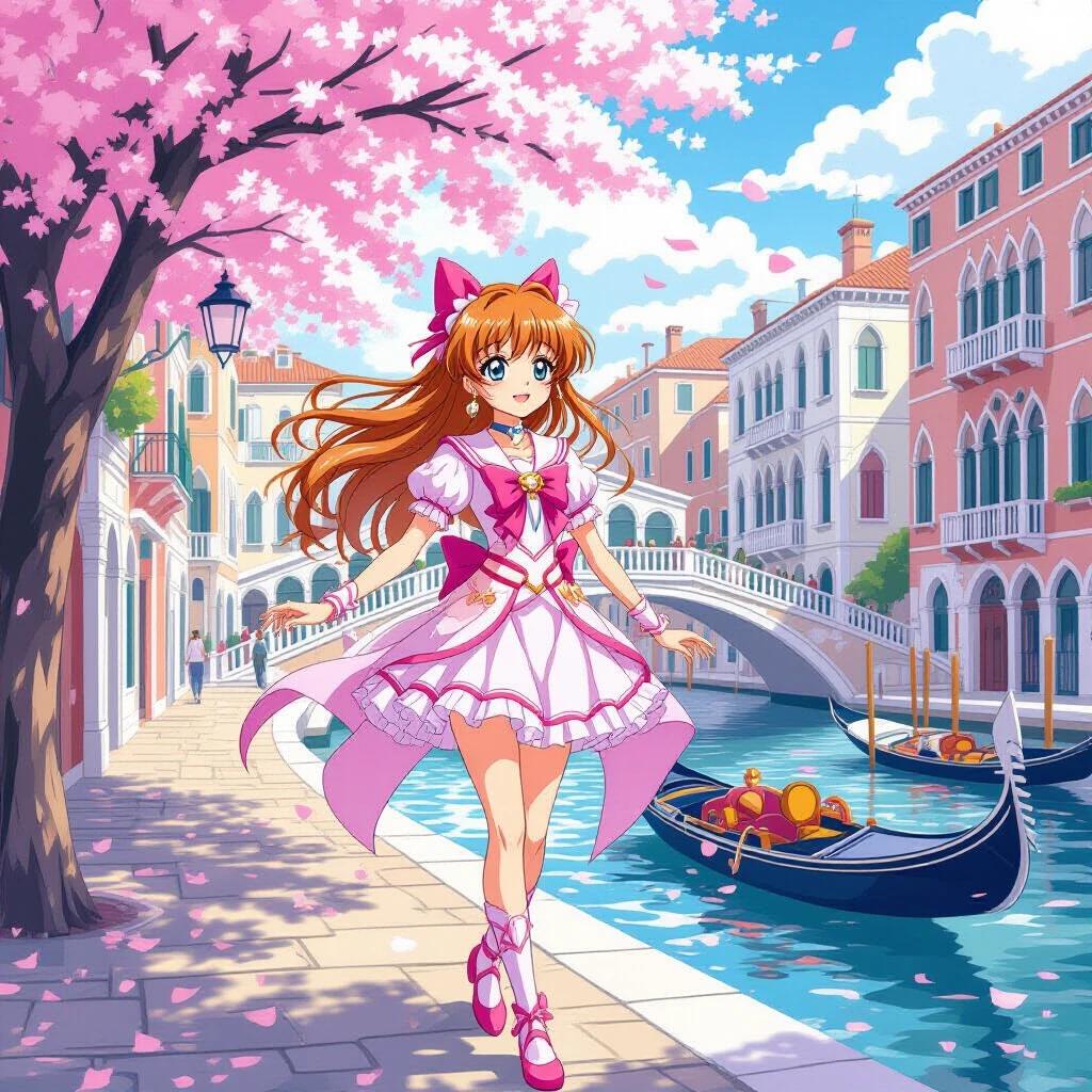 Magical girl in a pink dress walking through a vibrant Venice scene with cherry blossom trees. Anime style with a bright and cheerful atmosphere.