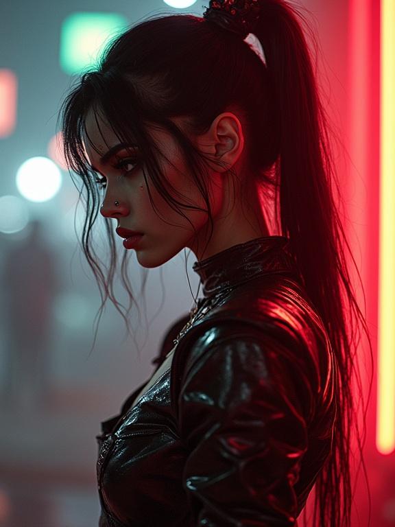 A full body portrait of a stunning young girl in a cyberpunk atmosphere. She appears as an android rebel with a dominant energy, displaying characteristics of a femme fatale pirate. The scene is filled with vibrant neon colors. The atmosphere captures her charismatic and intelligent nature. The artwork features intricate details and perfect anatomy, emphasizing her presence and allure in a cinematic style.