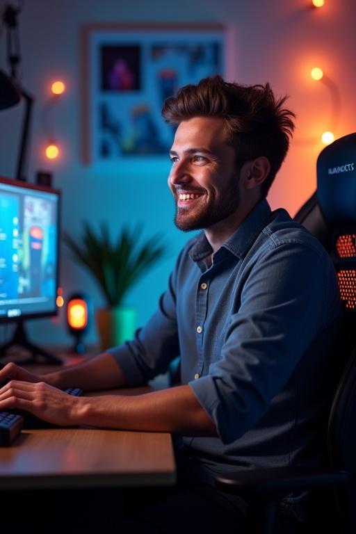 Handsome and happy man live streaming at gaming desk in a gaming chair. Looking at live chat messages on computer monitor.