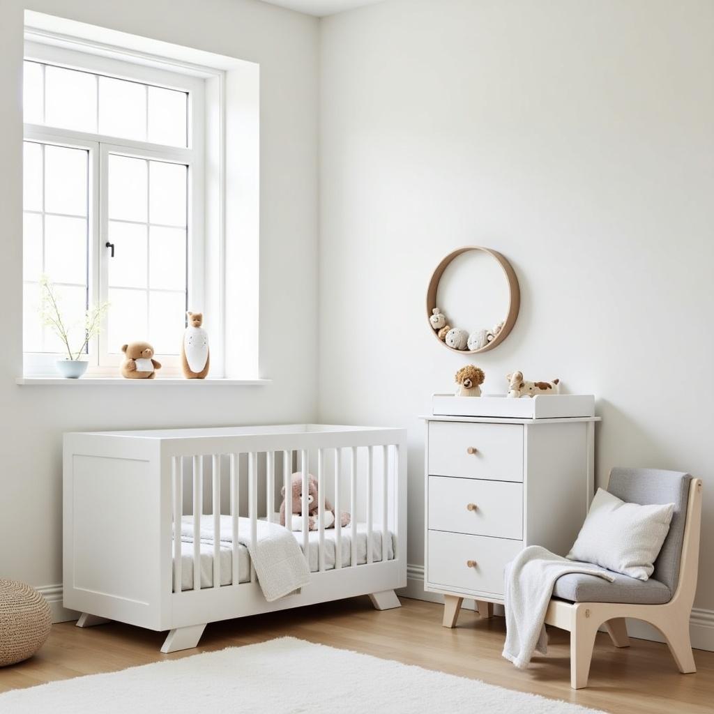 Baby corner with two white Stokke beds and a Stokke dresser changer. Calm and minimalistic design with natural light.