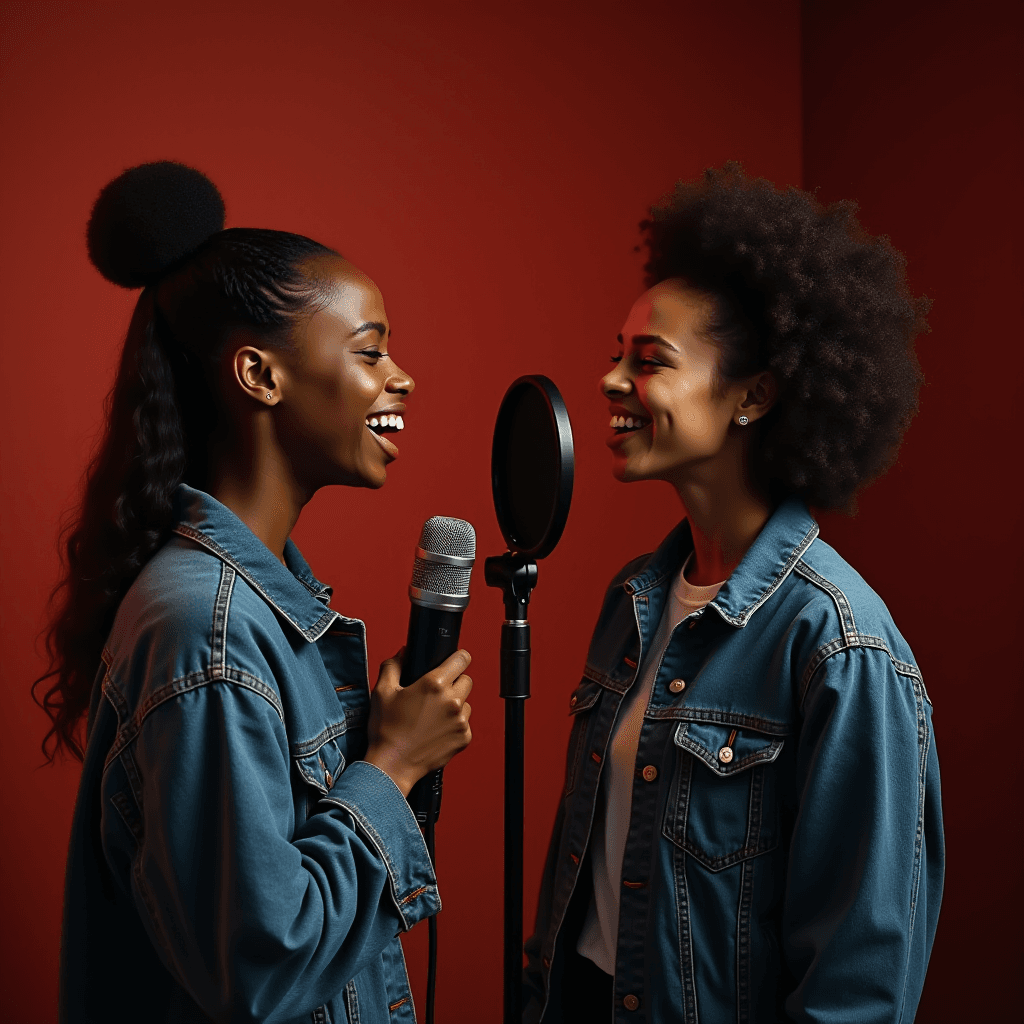 Two women joyfully singing in a recording studio.