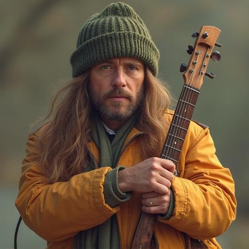 A male musician with long hair wearing a green hat and orange coat. He holds an acoustic guitar amidst a natural setting. The atmosphere appears calm and inviting.