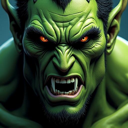 Masterpiece artwork featuring a detailed portrait of a male orc with green skin, highlighted features like wrinkles and fangs. Focus on sharp details, soft lighting, and smooth shading to enhance comic style.
