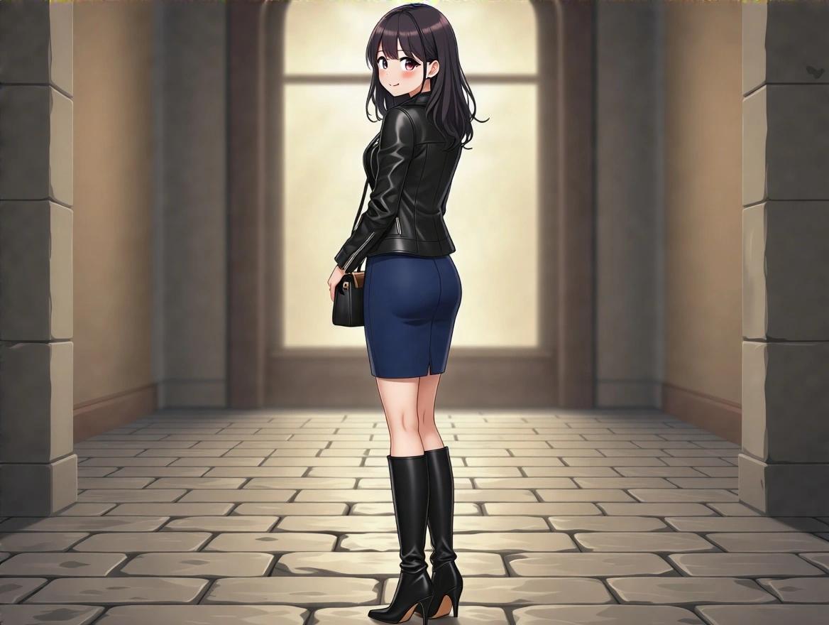 Anime style illustration depicts an elegant Asian lady in a back view with a three-quarter turn. She is 25 years old, casual yet elegant. A black leather jacket and a deep dark blue pencil skirt accentuate her figure. She gently pushes her hair bangs behind her ear with her right hand, while holding a tiny purse in her left hand. Her look is complemented by black suede stiletto knee-high boots. The scene includes a blurred city landscape with skyscrapers and soft warm neon lights in the background, enhancing the urban vibe.