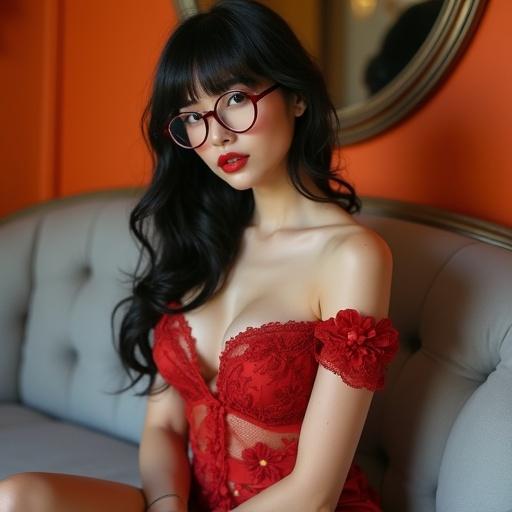 Woman with a slim figure wearing a bold red lace bodysuit. She has black wavy hair with bangs. Sitting on a gray velvet sofa. Orange wall behind her. Beautiful wooden framed mirror in the background. Large round glasses. Confident and alluring pose. Expressive face. Soft lighting enhances her features.