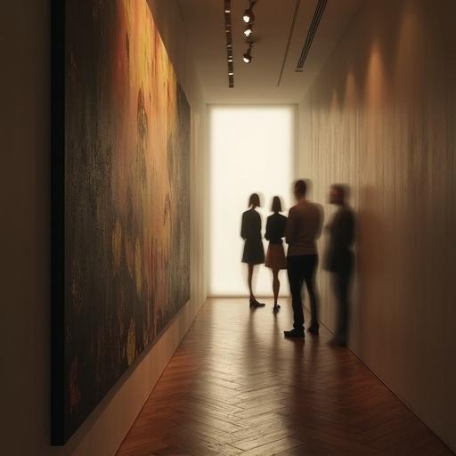 High-end art gallery hallway with abstract painting on the wall. Three blurred human silhouettes are visible as light passes through. The flooring is made of wood in a herringbone pattern. The scene has an eerie softness yet elegant vibe.