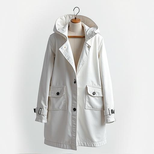 Concept design of a white digital artist coat. The coat features a hood, pockets, and a modern cut. Soft colors and simple lines.