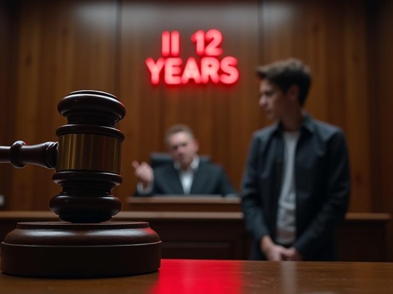 A judge in a courtroom slams a gavel with a young man in handcuffs standing in front. Background features a calendar with '12 years' highlighted in red. Scene is dramatic with strong lighting creating an emotional atmosphere.