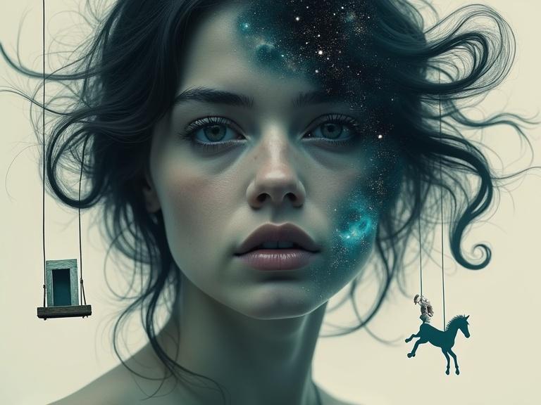 Surreal double exposure portrait of a woman with a melancholy expression. Rich painterly textures and dreamlike distortions. Face dissolves into a night sky with stars and galaxies. Elements like a swing, a door, and a horse increase the surreal quality. Hair forms ink-black smoke. Composition blends realism and abstract distortion.