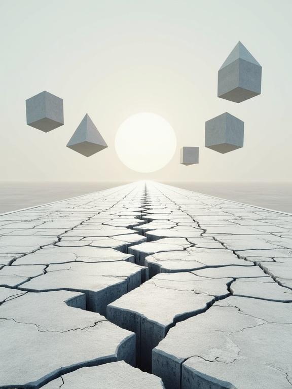 Cracked road with angular geometric fractures. Vast empty landscape in background. Floating cubes triangles hexagons in distance. Ground splinters into jagged shapes like broken tiles. Edges blur into pixelated distortions creating a glitchy grid.