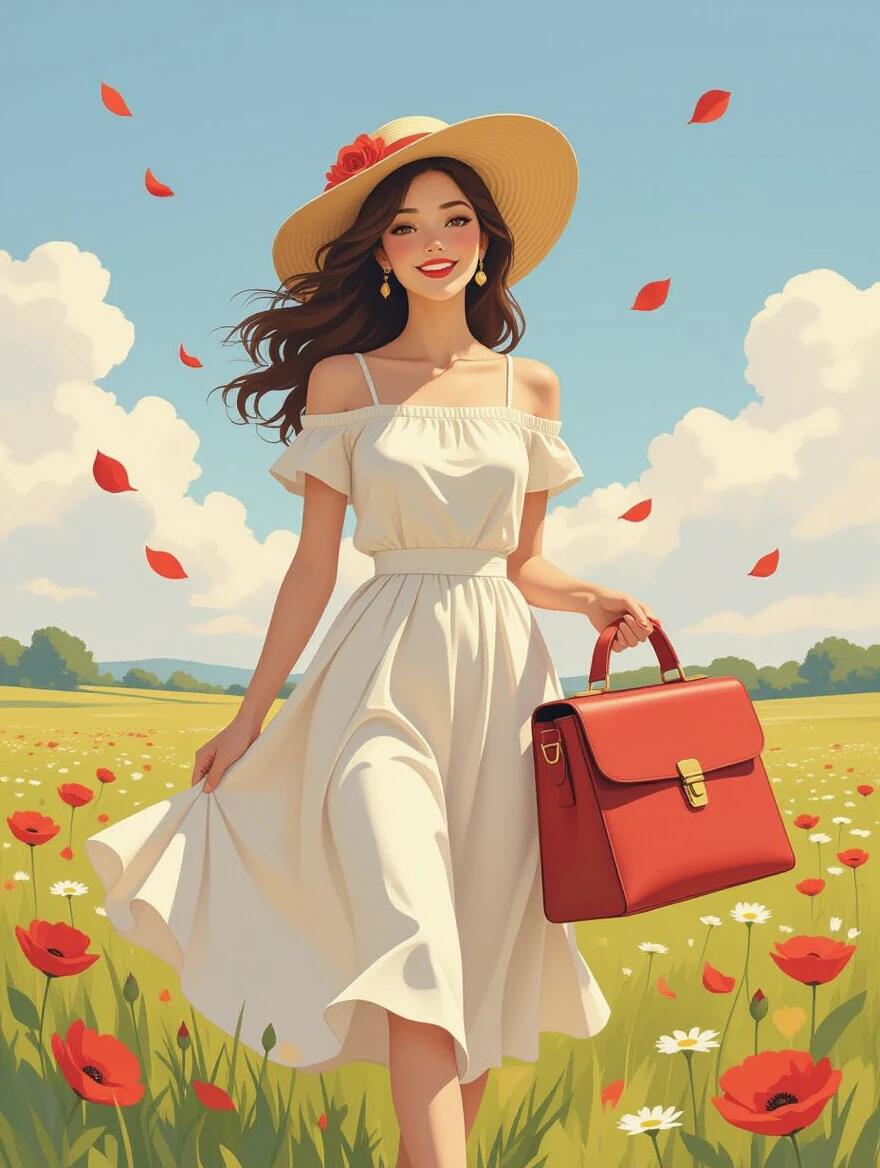 A serene woman walks in a blooming field. She wears a white dress and carries a red handbag. Her hat has a flower. Red petals float around her. The landscape is enchanting with a pastel sky.