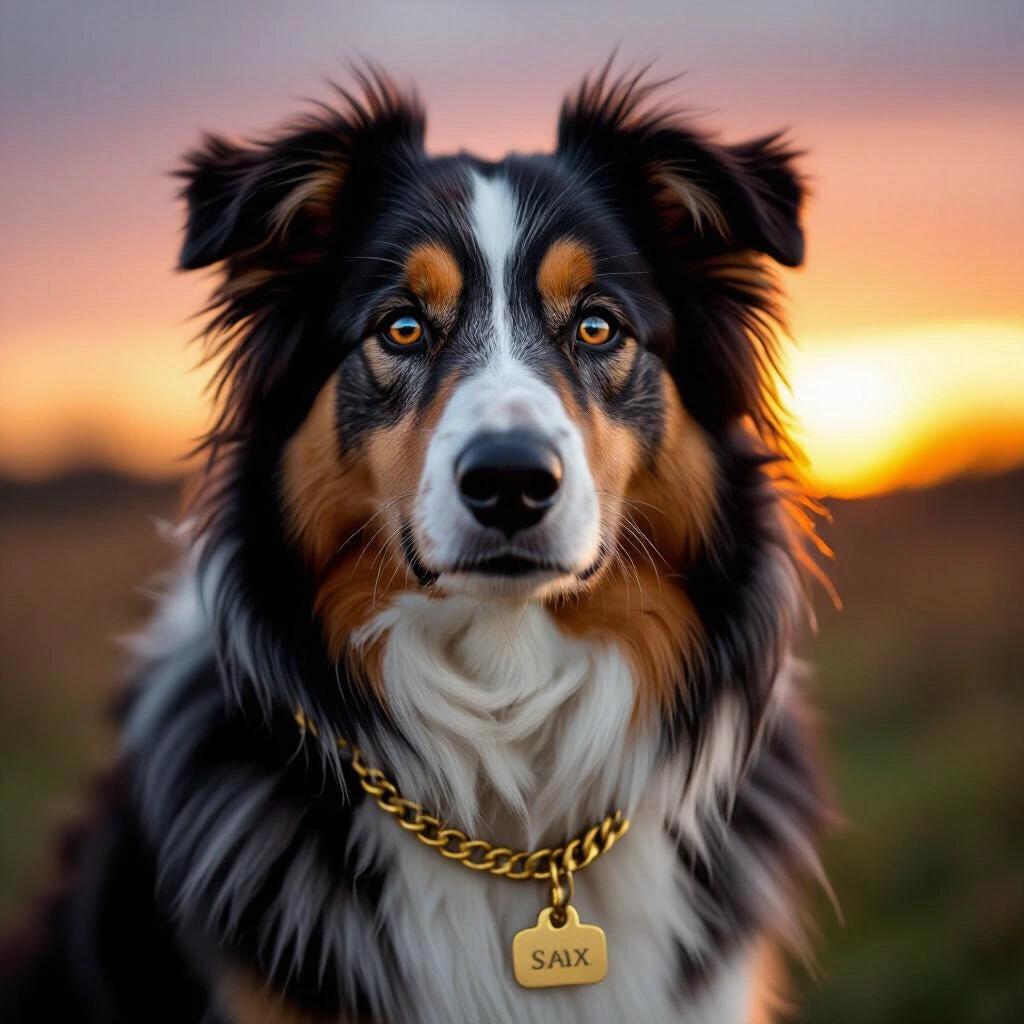 Dark raw photo of an old rough collie dog at late sunset. The dog wears a gold chain with a name tag reading SAX and looks at the camera.