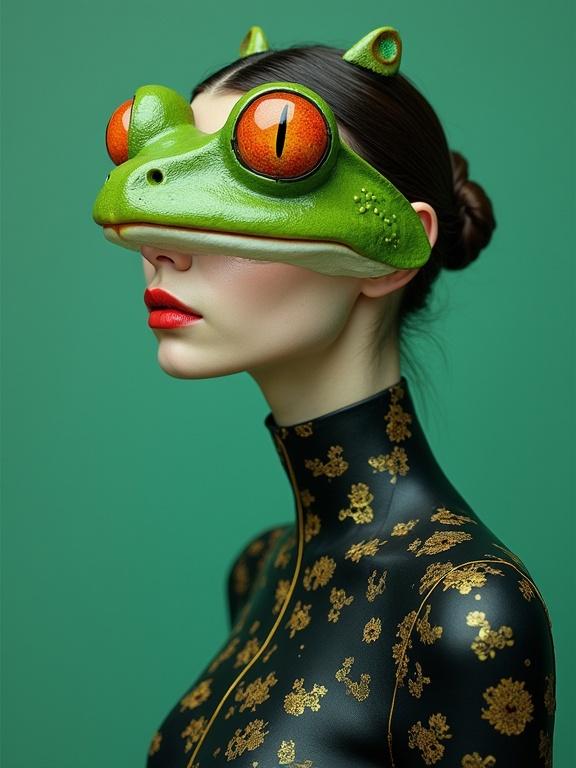 Minimalistic frog-woman portrait in a colorful composition. Incorporates green, gold, white, black, and turquoise. Exceptional quality with sharp details.