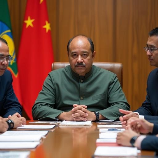 Ethiopian Prime Minister Abiy Ahmed Ali in traditional Ethiopian formal wear in the Ethiopian Ministry of Defense's conference hall. Surrounded by military medical directors and health ministry representatives. Discussing a 10-year medical service by Chinese military experts. Documents on medical achievements and technologies on the table.