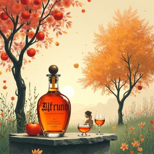 Minimalistic screen print of sunny orchard with ripe apple trees. Foreground features a stone podium. Shiny glass spirit bottle labeled 'ALFRUNO'. Glasses of absinthe nearby. Scintillating woman waits in the background. Beige background enhances the tranquil scene. Elements evoke fantasy, mystery, and nostalgia.