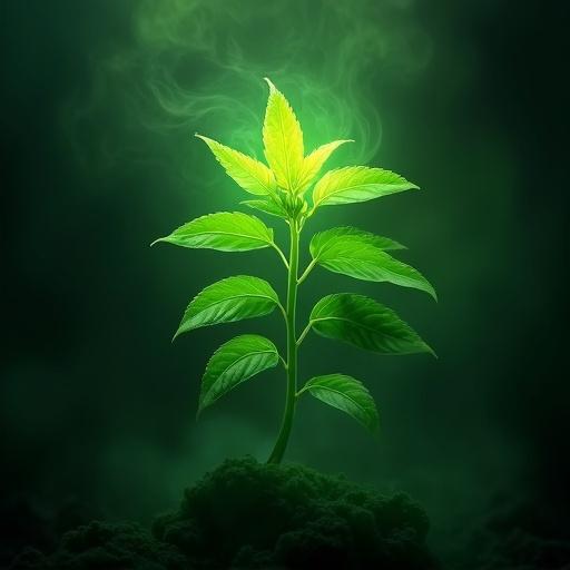 Magical herb glowing with greenish light on dark background.