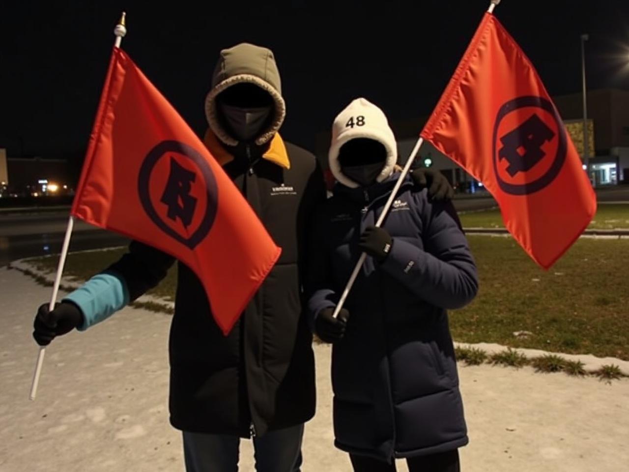 The image shows two individuals standing outside during the night. They are holding flags that are red in color, with symbols on them. The setting appears to be a snowy area, with lights from a nearby building visible in the background. Each person is dressed warmly, indicating cold weather conditions. Their faces are obscured in the image, and they are standing close together, appearing to participate in an event or demonstration.