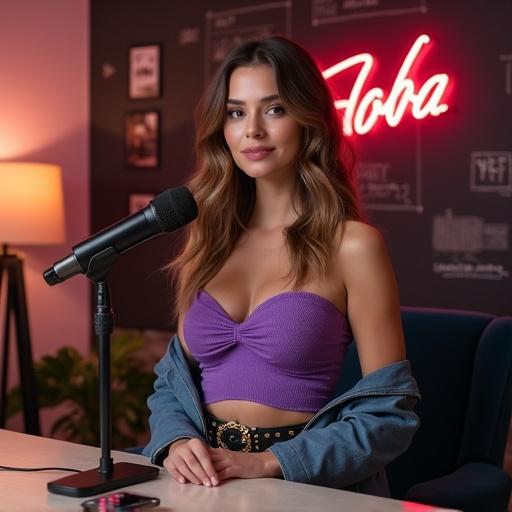 Beautiful woman stands in elegant room. She has long wavy balayage hair. Wearing a purple top and leather jacket. White tiered jean skirt complements her outfit. The background is a bright Hollywood-themed living room. Features a microphone on the table. Neon sign with FilmovaPopTv illuminates the scene. Movie props decorate the table. The atmosphere is cozy and inviting.