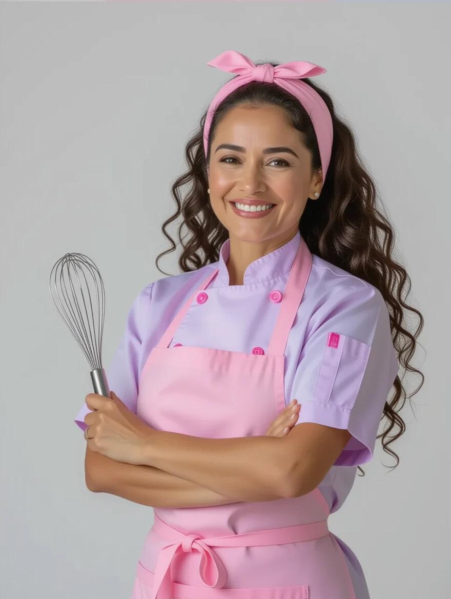 Portrait of a Brazilian pastry chef standing in front of a white background. She has dark skin and long curly hair tied back. She wears a lilac chef's blouse and pink apron. Holding a whisk in a confident pose. Friendly and professional expression. Studio lighting with clean composition.