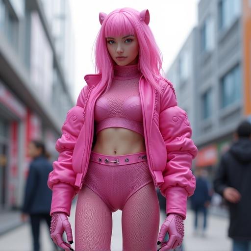 A woman with long pink hair stands confidently in an urban setting. She wears a vibrant pink outfit with fishnets and futuristic haute couture features. The figure has an anime style. The background showcases a modern city.
