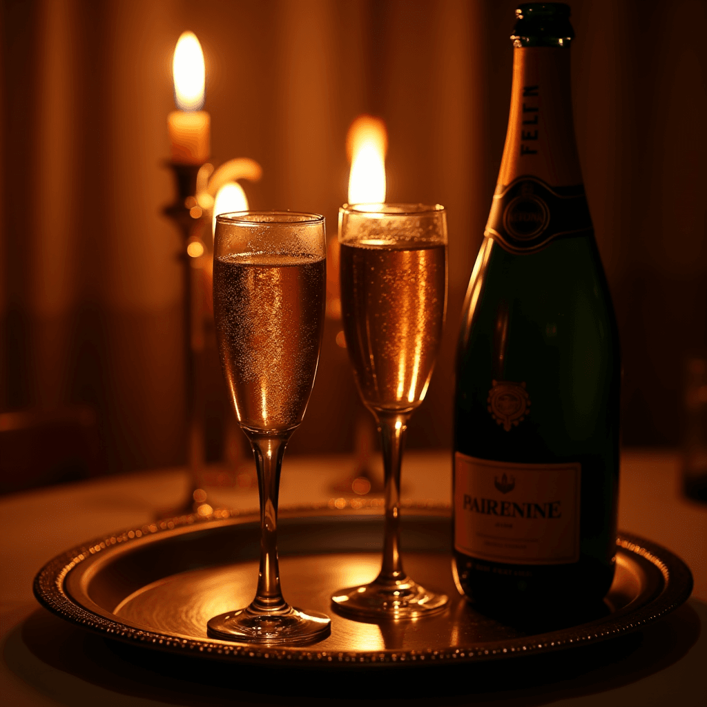 Two flutes of sparkling champagne sit elegantly on a silver tray beside an unopened bottle, with the warm glow of candles in the background.