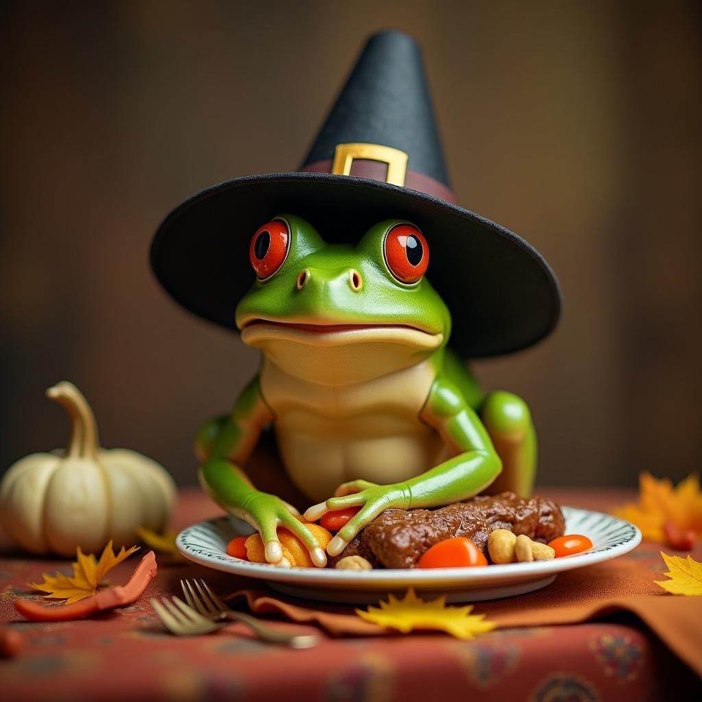 A whimsical scene of a frog dressed in a pilgrim hat, sitting at a Thanksgiving dinner table. The frog is the main focus, holding food with its hands. A plate of food is placed in front of it. The background features autumn leaves and a small pumpkin, enhancing the seasonal theme. The warm lighting creates a cozy atmosphere, suitable for festive gatherings. This playful image captures the spirit of Thanksgiving in a humorous way.