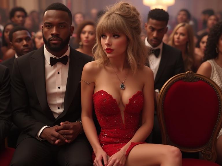 A photorealistic image features a young attractive woman in a red dress. She has stylish bangs and very high heels. She sits in the front row at an awards show. The atmosphere is glamorous with a focus on her and surrounding attendees with a celebratory vibe. The background has blurred faces of others in the audience while she stands out.