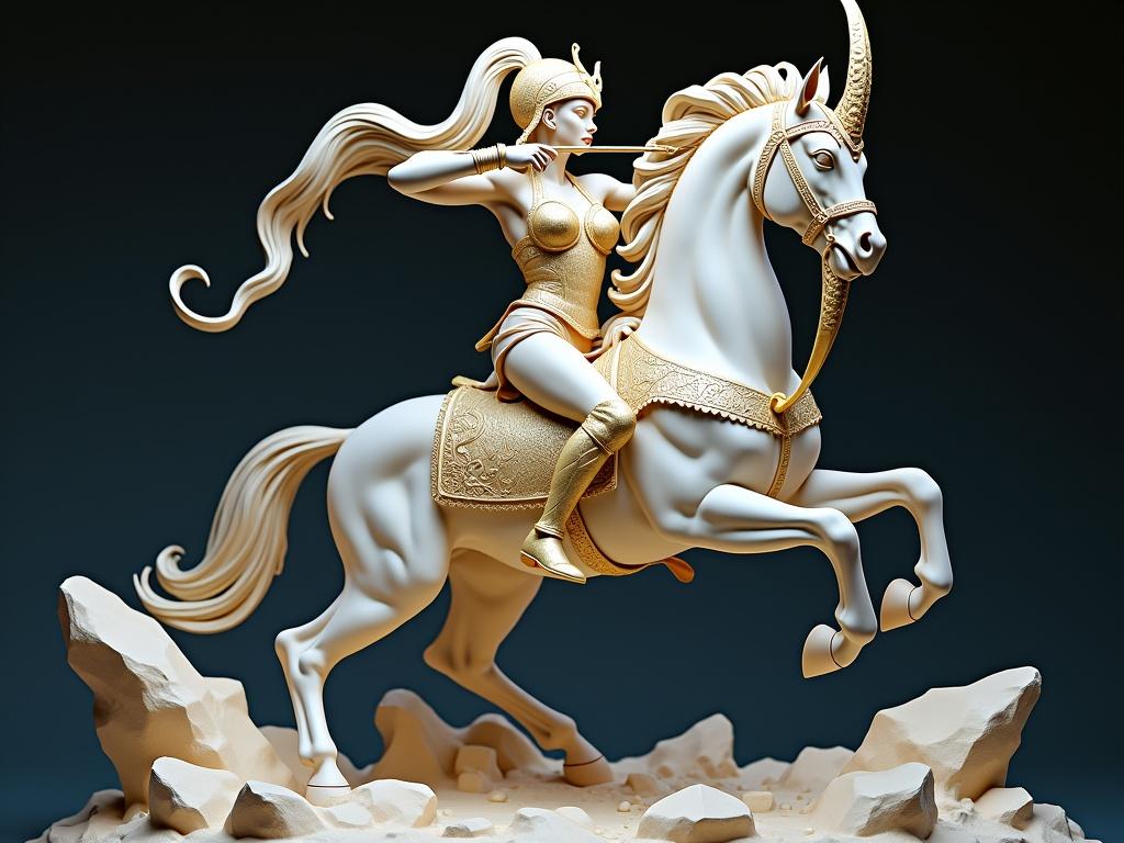 Resin sculpture features a warrior goddess inspired by Sagittarius. The goddess is a large-breasted archer poised to shoot an arrow. She rides a cosmic horse with flowing mane among rocks. Her armor is detailed with golden engravings. Long hair tied in a ponytail emerges from a Knight of the Zodiac-style helmet. The background is starry and ethereal, enhancing her divine energy.