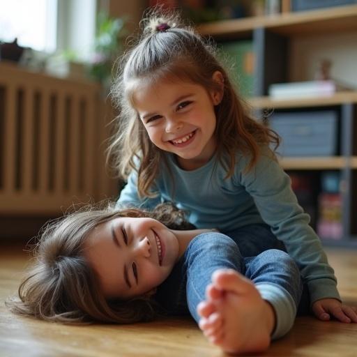 Smiling barefoot girl wearing jeans sits on a classmate who is lying on the floor. Feet are resting on the classmate's face. The scene captures joy and friendship. Natural lighting enhances the playful mood.