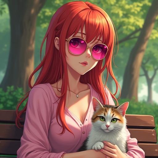 Woman with red hair wearing pink sunglasses sitting in a park. Cat resting in her lap. Anime style illustration.