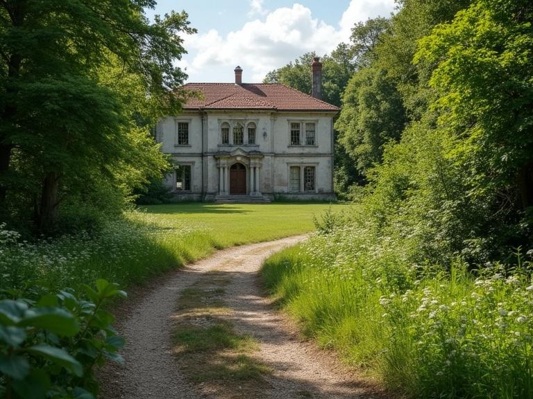 Dirt path leading to an abandoned neoclassical manor house. Afternoon setting on a sunny day. Lush vegetation surrounding the path. Small creek next to the dirt path.