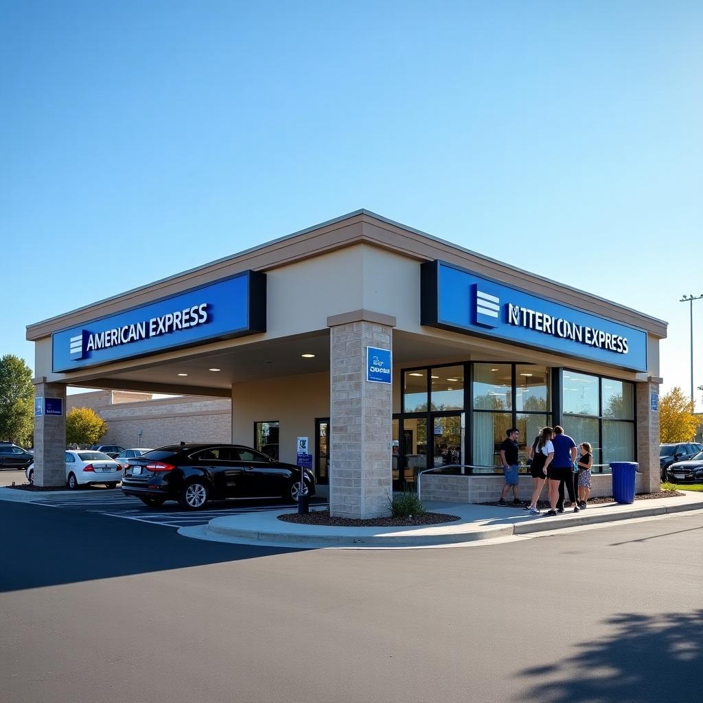 American Express credit union building with a drive-thru service. Clear blue sky in the background. Customers outside. Night view showing lighting.