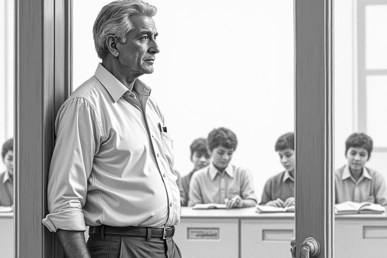 Detailed hyper-realistic pencil sketch of an Indian male in his 50s with neatly combed salt-and-pepper hair. He stands at a classroom doorway with a stern gaze. His arms are relaxed and posture is upright. Composition follows the rule of thirds, showcasing a medium shot. The lighting creates soft shadows with a monochrome high contrast appearance. The background features blurred students.