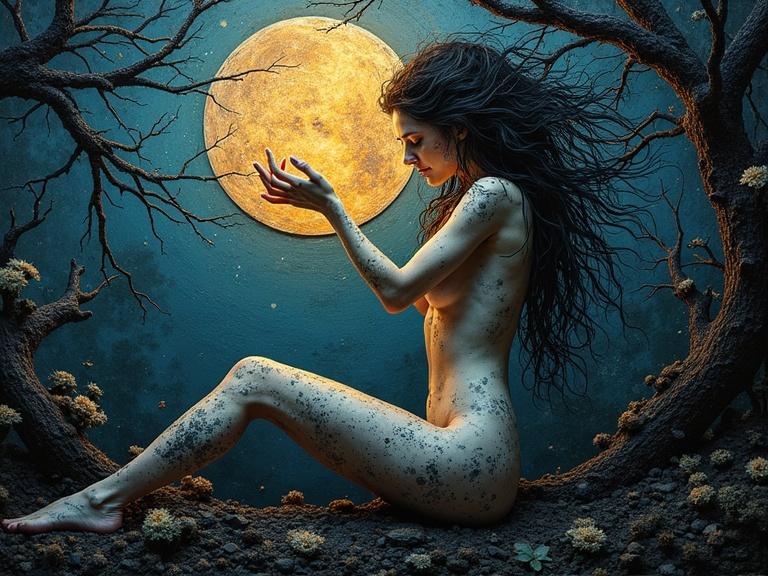 3D hyper-detailed artwork depicting a nude figure under a full moon. The scene combines elements of nature and dreamlike qualities with textured surfaces and an ethereal atmosphere.