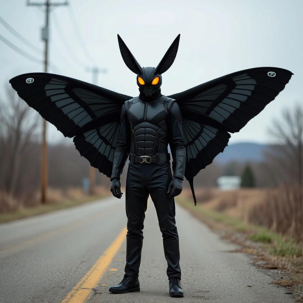 A heroic figure inspired by Mothman stands on a deserted road. The figure wears a black superhero costume with a mask. Large, black butterfly wings extend from the back. The figure has glowing yellow eyes, creating a dramatic effect. Background features a rural setting with power lines.