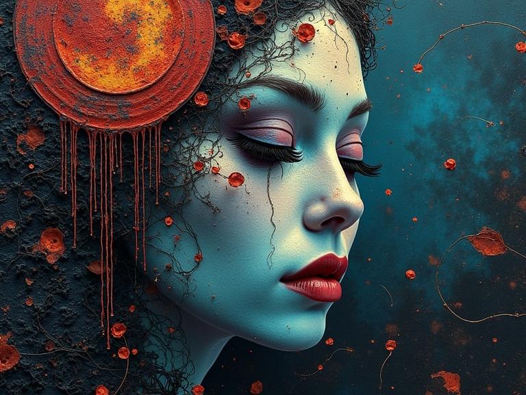 A highly detailed and textured portrait of a woman with a macabre theme. The background features elements resembling scratchboard art and encaustic wax techniques. The color palette consists of teal and reddish hues, creating a mysterious ambiance.