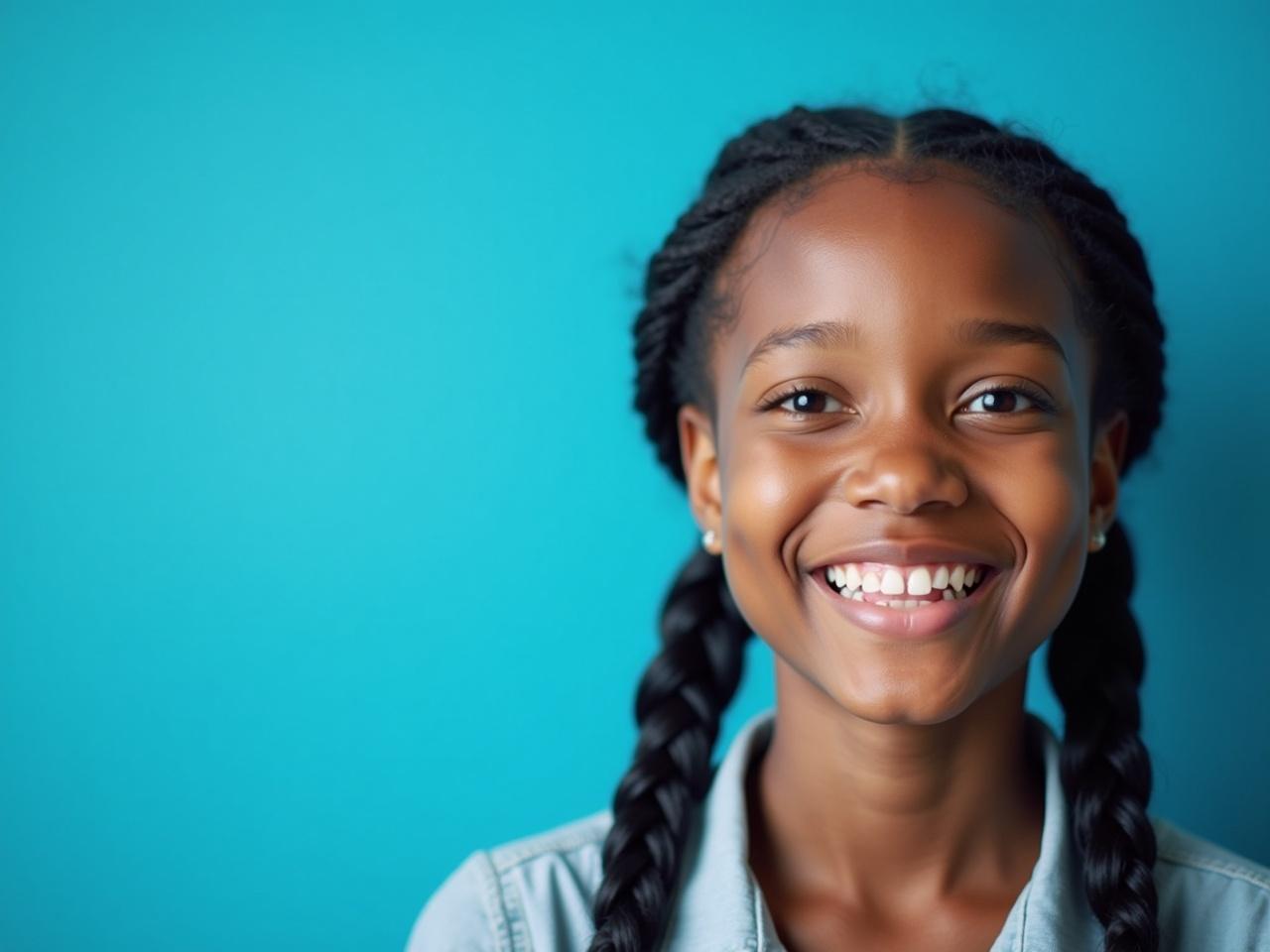 This image features a person in front of a blue background. The blue color of the background is slightly lighter, creating a soft and inviting atmosphere. The individual has braided hair, which adds a unique texture to the overall composition. They are wearing a light-colored shirt that complements the background. The focus is on capturing a friendly demeanor, emphasizing warmth and approachability.