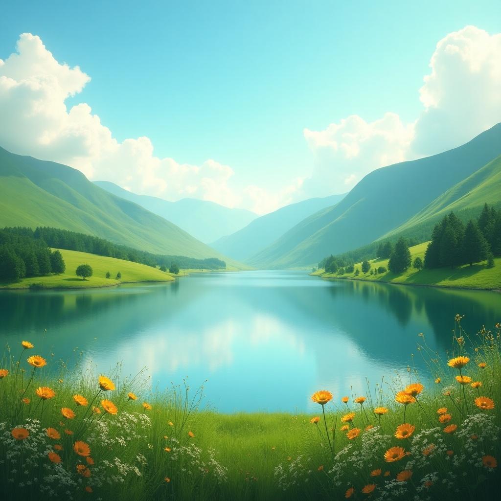 This image captures a breathtaking landscape that radiates tranquility. In the foreground, vibrant flowers bloom next to a calm lake. The lake reflects the surrounding steep mountains and lush greenery. The blue sky is dotted with soft, fluffy clouds, enhancing the serene atmosphere. This peaceful setting evokes a sense of calm but also a hint of anxiety, perhaps from the vastness of the landscape.