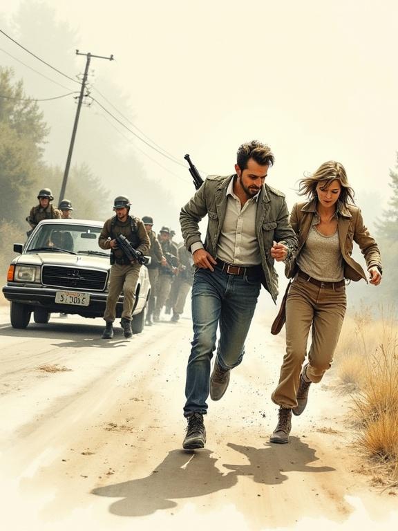 A couple holding shotguns runs from police officers. Many policemen are chasing them. A car is parked on the side of the road. The scene is illustrated in fine ink pen style with expressive lines. Subtle shading and detailed natural forms highlight the organic and elegant composition. The aesthetic is vintage with professional sketchbook quality. A natural color palette is used with soft watercolor accents.