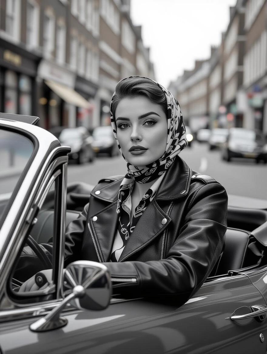 A woman wears a leather jacket and a headscarf. She is seated inside a vintage convertible car. The scene is set on the streets of London. The image has a black and white aesthetic. It is captured using an arriflex 35 BL camera with Canon K35 prime lenses.