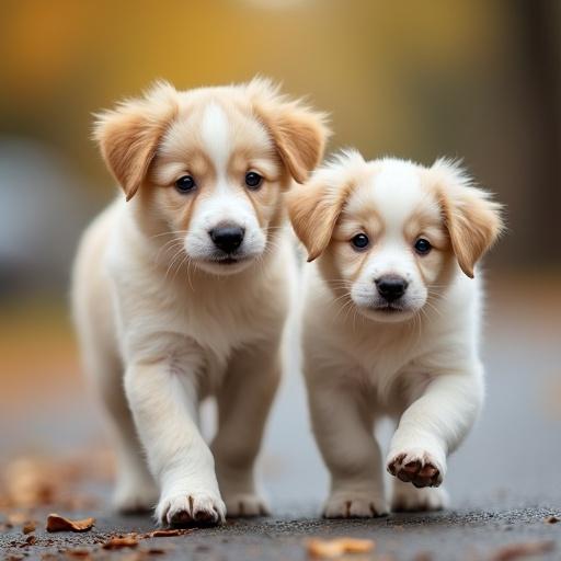 Two cute puppies walk together on the street in soft sunlight. Their expressions show excitement and happiness. The background is slightly blurred, creating a warm, inviting atmosphere with autumn colors.