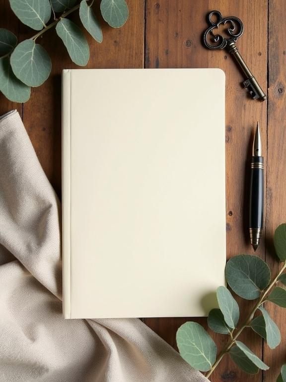 Flat lay view of a blank hardcover journal on rustic wooden surface. Soft linen cloth, dried eucalyptus leaves, antique key, vintage pen nearby. Warm natural lighting, soft shadows. Focus on journal without branding or text.