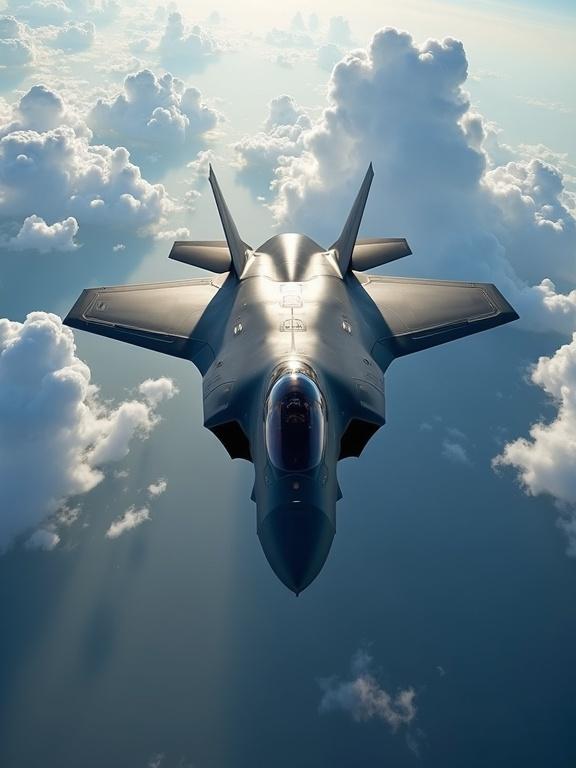 Cinematic aerial view of F-35 jet in the sky. Clouds create a dramatic atmosphere. Jet flying above the clouds.