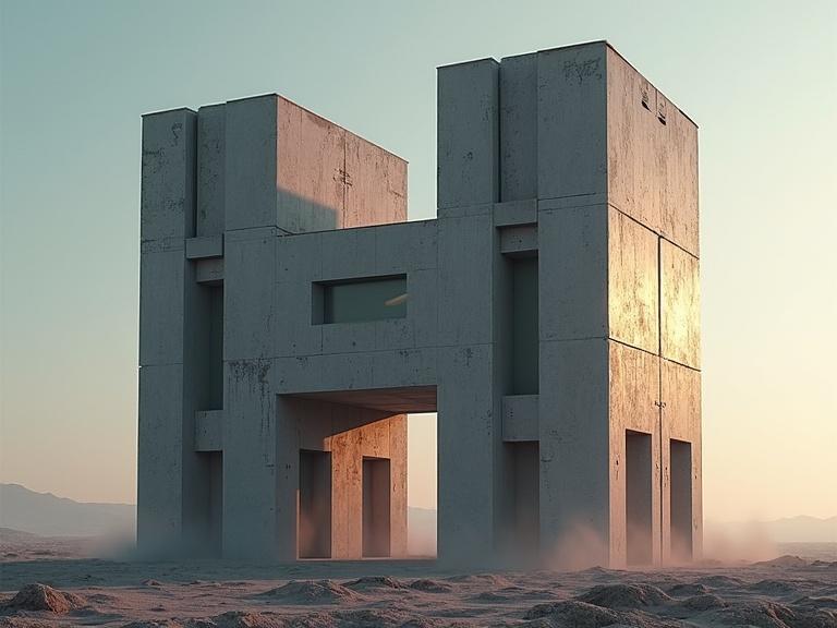 A huge sci-fi blocky bevel letter H shaped object has a window in the front and thrusts on the bottom. The structure is landing on a barren planet. The image features detailed realism, shadows, specular effects, and soft reflections.