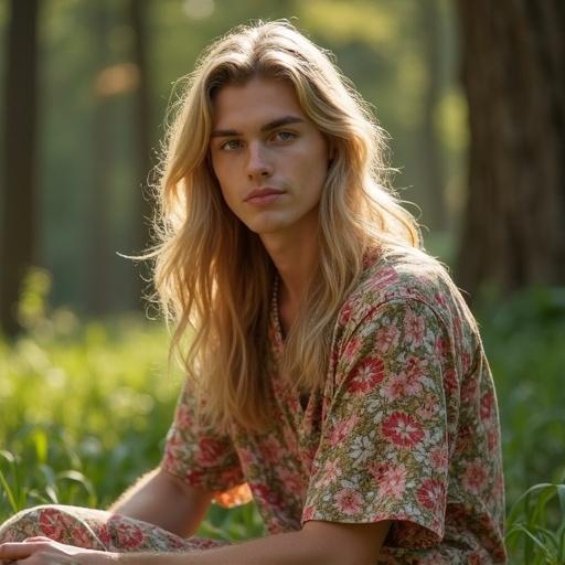 Young man with model-like face sitting in forest wearing floral dress. Long blonde hair shines in sunlight. Defined jawline and blue eyes with thick eyebrows. Looking at viewer with gentle smile.