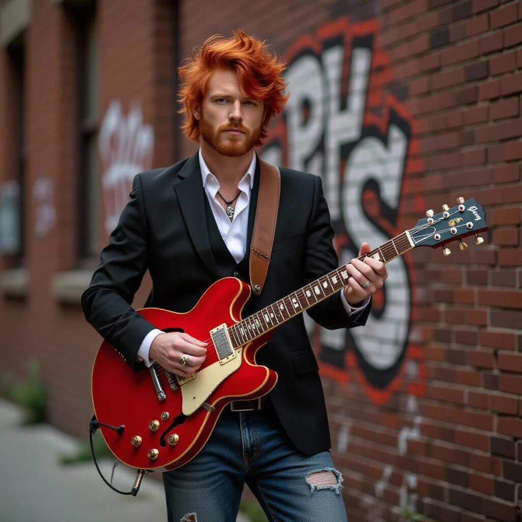 A rocker with red hair wears a suit on top and dirty jeans below. He holds a red guitar. The pose is rebellious. He stands near a graffiti wall.