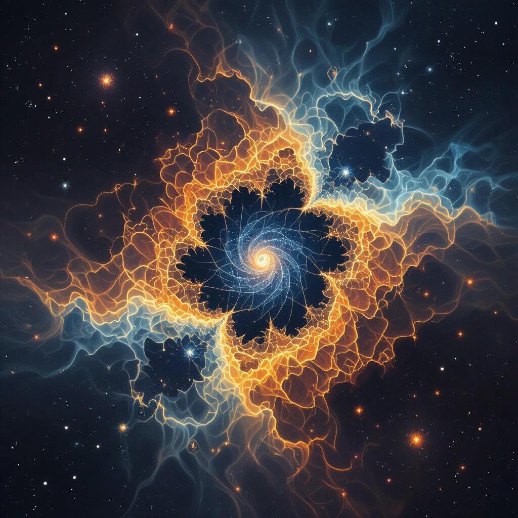 Surreal high tech design featuring a mandelbrot pattern against a dark nebula backdrop. Vibrant colors create an ethereal cosmic effect.
