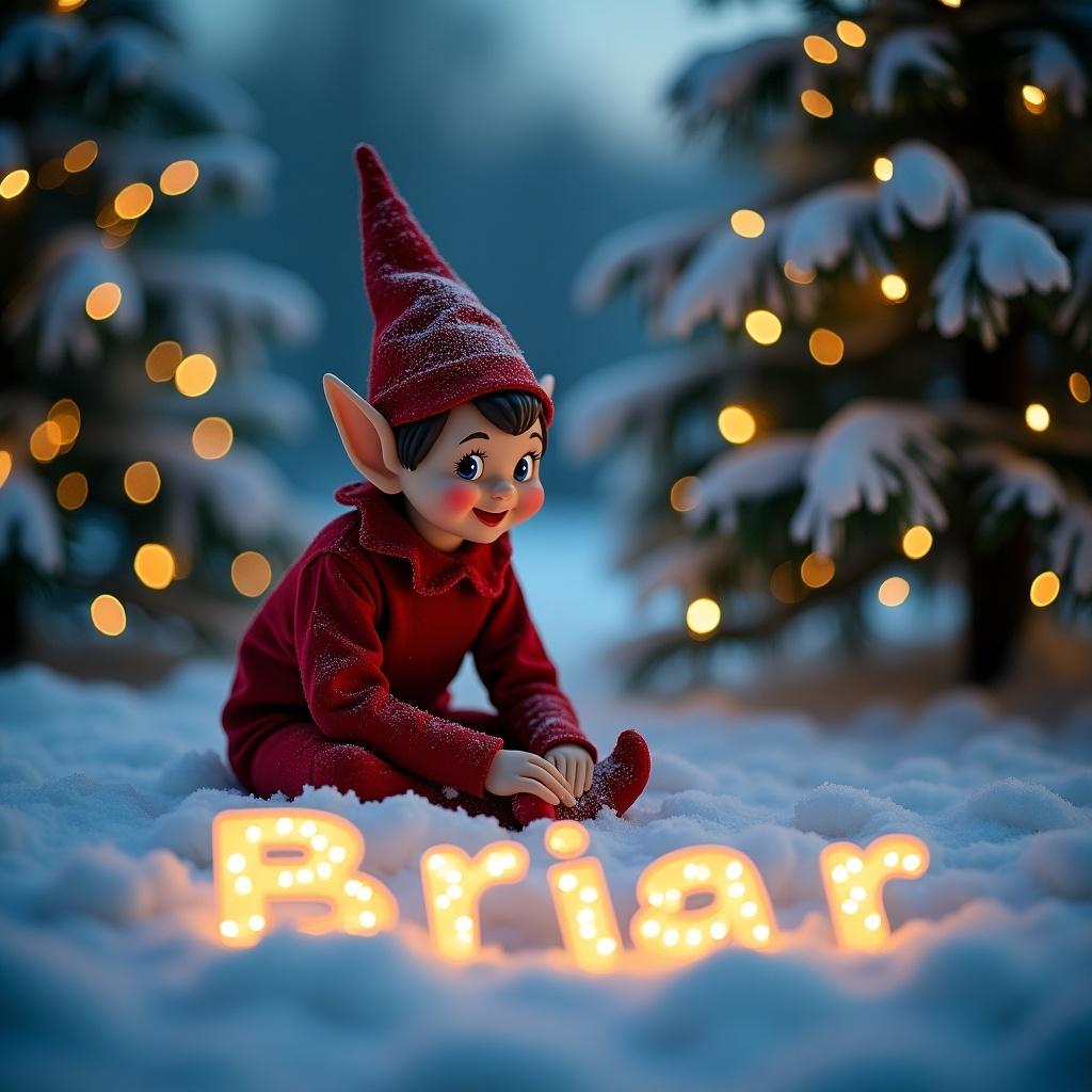 A whimsical scene features an elf in a red outfit. The elf writes the name 'Briar' in glowing lights on the snow. Snow-dusted evergreen trees surround the elf, adorned with fairy lights. Soft twilight glow creates a magical winter atmosphere.