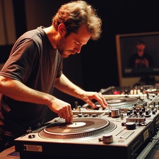 DJ Hugo Brotbeck from Switzerland performs on two turntables. The speed is incredible. Turntable tricks are executed at breakneck speed. The mixer is situated on the right side. The setting is the 1992 Ortofon World DJ Mixing Championships eliminations.