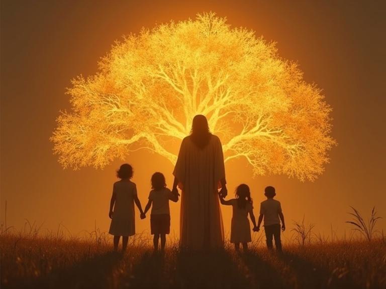 Enoch with family standing together holding hands in front of a glowing lineage tree. The scene captures their unity amid golden hues. Realistic style, warm atmosphere, 9:16 aspect ratio.